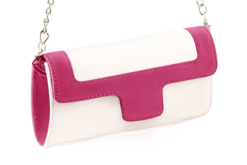 Dress clutch for wedding and parties in off white and fuchsia pink leather - Front view